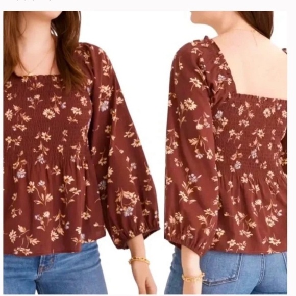 Madewell Tops - NWT Madewell Lucie Maroon Floral Smocked Square Neck Blouse